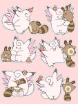  :3 :d applin clefable closed_eyes full_body h1na3 highres holding hug looking_at_another no_humans on_head open_mouth pink_background pokemon pokemon_(creature) pokemon_focus pokemon_on_head pokemon_on_horn sentret sitting smile standing standing_on_own_tail tail wings 