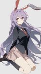  1girl animal_ears black_jacket black_socks blazer collared_shirt full_body highres jacket kneeling loafers long_hair long_sleeves necktie pleated_skirt purple_hair rabbit_ears red_necktie reisen_udongein_inaba shirt shoes simple_background skirt socks solo touhou very_long_hair white_background wuliwuli909 