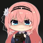  1girl black_background black_hairband black_kimono blue_eyes camera chibi chibi_only double-parted_bangs hair_between_eyes hairband holding holding_camera hololive japanese_clothes kimono long_hair long_sleeves looking_at_viewer nervous_sweating official_alternate_costume outline pink_hair scared shirt simple_background solo striped_clothes striped_kimono sweat takane_lui takane_lui_(new_year) twumi upper_body vertical-striped_clothes vertical-striped_kimono very_long_hair virtual_youtuber wavy_mouth white_outline white_shirt white_undershirt wide_sleeves 