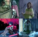  1other absurdres armor armored_boots barefoot blue_hair blue_skin boots closed_mouth colored_skin commentary deltarune derivative_work different_reflection english_commentary gauntlets grass heartbreak_juan highres hood hoodie kris_(dark_world)_(deltarune) kris_(deltarune) looking_at_mirror meme mirror other_focus pale_skin rain red_eyes reflection sitting smile sword tree weapon 