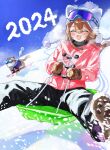  1girl 2024 :d ^_^ animal animal_ears animal_hat arin_(1010_ssu) beanie black_pants blue_sky boots braid brown_hair brown_mittens can_(honkai_impact) closed_eyes clothed_animal clothes_writing cloud commentary_request day fake_animal_ears fang goggles goggles_on_headwear grey_sweater hat highres honkai_(series) honkai_impact_3rd jacket long_hair mittens nyan outdoors pants pardofelis pink_jacket ribbed_sweater romaji_text shoe_soles ski_goggles sky sled smile snow snowboard sweater toboggan turtleneck turtleneck_sweater twin_braids twitter_username 