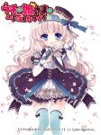  1girl black_hat blue_eyes blue_hairband blue_ribbon blue_thighhighs blunt_bangs dress frilled_skirt frills hair_ribbon hairband hat hina_lulu long_sleeves mini_hat moriyama_shijimi pink_hair ribbon skirt thighhighs uchi_no_hime-sama_ga_ichiban_kawaii white_sleeves 
