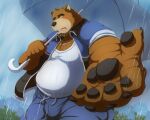 2025 anthro bear black_bear blue_bottomwear blue_clothing blue_jacket blue_pants blue_topwear bottomwear brown_body brown_fur clothed clothing countershade_snout countershading foreshortening fully_clothed fur grey_pawpads hi_res jacket juuichi_mikazuki male mammal moon_bear morenatsu multicolored_body multicolored_fur pants pawpads raining shirt snout solo tan_body tan_countershading tan_fur topwear two_tone_body two_tone_fur umbrella ursine white_clothing white_shirt white_topwear wo