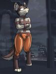 3:4 bdsm bondage bound brown_body brown_fur bulge canid canine canis city cityscape clothing countershading coyote cuff_(restraint) fur hi_res latex latex_clothing macchiato_coyote male mammal night outside restraints slim solo straitjacket stripedcrocodile tan_body tan_fur yellow_eyes