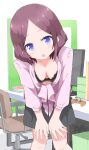  1girl absurdres bent_over black_bra black_skirt book border bra bra_peek breasts chair cleavage collarbone commission cynical_(llcbluckg_c004) downblouse fingernails highres leaning_forward looking_at_viewer monitor navel new_game! open_mouth pixiv_commission playstation_controller pleated_skirt purple_eyes skirt solo tooyama_rin underwear white_border 