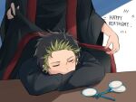  2boys arms_on_table black_happi brothers green_hair happi happy_birthday head_on_table head_out_of_frame head_rest inomoto_haruo inomoto_natsuki jacket japanese_clothes male_focus multicolored_hair multiple_boys non_ni_1111 open_happi poi_(goldfish_scoop) siblings sleeping youchien_wars 