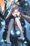  1girl black_dress black_gloves blue_butterfly breasts bronya_zaychik bronya_zaychik_(herrscher_of_reason) bug butterfly closed_mouth dress drill_hair earrings elbow_gloves full_body gloves grey_eyes grey_hair hair_ornament highres honkai_(series) honkai_impact_3rd jewelry long_hair nipples no_bra no_shoes one_breast_out project_bunny small_breasts smile soles solo thighhighs toes torn_clothes torn_thighhighs twin_drills very_long_hair xiaosa123 