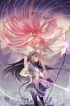  2girls akemi_homura argyle_clothes black_pantyhose dress hairband highres kaname_madoka long_hair magical_girl mahou_shoujo_madoka_magica multiple_girls orange_eyes pantyhose pink_hair pixiescout power_lines purple_eyes sky star_(sky) starry_sky twintails ultimate_madoka utility_pole very_long_hair white_dress 