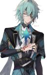  1boy anaxa_(honkai:_star_rail) aqua_hair azero_a0 closed_mouth commentary eyepatch hand_tattoo hashtag-only_commentary highres honkai:_star_rail honkai_(series) male_focus medium_hair one_eye_covered red_tattoo side_ponytail simple_background solo tattoo twitter_username upper_body white_background 