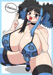  1girl animal_print berun_(zakeruga1zakeru) black_hair blue_hair blush breasts cleavage curvy english_text highres horizontal-striped_thighhighs huge_breasts large_breasts leopard_print long_hair looking_at_viewer multicolored_hair oohara_satsuki open_mouth purple_eyes simple_background smile solo speech_bubble spread_legs squatting streaked_hair striped_clothes striped_thighhighs teihen_no_daigaku_janaru thick_thighs thighhighs thighs tiptoes twintails white_background 