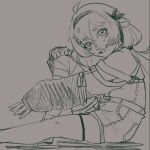  1girl ahoge animal_ears asymmetrical_legwear bob_cut eyelashes ferret ferret_ears ferret_girl greyscale hairband hand_on_own_knee heart heart-shaped_pupils heart_in_eye knee_up laimu_(vtuber) laimu_(vtuber)_(cozy) long_hair looking_at_viewer mogekodraws monochrome overalls ribbon single_thighhigh sitting skindentation sleeves_past_wrists sweater symbol-shaped_pupils symbol_in_eye thigh_strap thighhighs thighs twintails vinesauce virtual_youtuber 