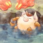  closed_eyes commentary_request creature gen_1_pokemon gen_2_pokemon looking_at_another no_humans ohdon partially_submerged pokemon pokemon_(creature) primeape signature sleeping slugma steam water yellow_eyes 
