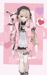  1girl :d absurdres apron between_fingers black_dress brown_hair collared_dress cuffs dress feet_out_of_frame frilled_apron frills hand_up handcuffs heart highres holding hui_yu_yu_yu_ye jacket long_sleeves makaino_ririmu makaino_ririmu_(5th_costume) multicolored_hair nijisanji open_clothes open_jacket pink_background pink_hair pink_jacket pixelated pleated_dress puffy_long_sleeves puffy_sleeves red_eyes sleeves_past_wrists smile solo spoken_heart standing streaked_hair stuffed_animal stuffed_rabbit stuffed_toy text_background virtual_youtuber white_apron 