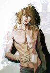  1boy abs absurdres black_pants blonde_hair cabbage-2012 chromatic_aberration cigarette cup diego_brando eyes_visible_through_hair green_eyes hair_between_eyes hand_in_pocket highres holding holding_cup jojo_no_kimyou_na_bouken long_hair looking_to_the_side male_focus messy_hair muscular muscular_male open_fly pants red_lips shadow smoking solo steel_ball_run topless_male white_background 