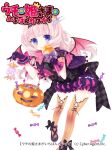  1girl bat_wings black_dress black_hairband black_shoes blue_eyes blunt_bangs candy dress drill_hair food gloves hairband hina_lulu holding long_hair moriyama_shijimi orange_thighhighs pink_hair pumpkin purple_gloves shoes side_drill thighhighs uchi_no_hime-sama_ga_ichiban_kawaii wings 