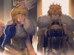  1girl ahoge armor armored_dress artoria_pendragon_(all) artoria_pendragon_(lancer) bangs blonde_hair blue_cape blue_dress blue_gloves blue_leotard braid breasts cape closed_mouth commentary cowboy_shot crown dress dressing_another fate/grand_order fate/stay_night fate_(series) faulds french_braid fur-trimmed_cape fur_trim gauntlets gloves green_eyes hair_between_eyes highres holding_crown juliet_sleeves large_breasts leotard light_particles long_sleeves looking_at_another looking_away low_ponytail multiple_views orange_background out_of_frame parted_lips ponytail puffy_sleeves putting_on_headwear saber sidelocks solo_focus swept_bangs two-tone_background upper_body yellow_background yorukun 