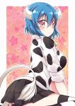  1girl absurdres animal_print bell bell_collar black_skirt blue_hair blush border breasts closed_mouth collar cow_bell cow_girl cow_horns cow_print cow_tail eyebrows_visible_through_hair highres horns huge_filesize jashin-chan_dropkick large_breasts looking_to_the_side miniskirt minos_(jashin-chan_dropkick) orange_eyes shiny shiny_hair short_hair simple_background sitting skirt solo star starry_background striped striped_legwear tail thighhighs white_border yyuki317 