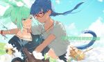  1boy 1girl anchor_necklace bag black_shirt blue_hair blue_sky bra_strap cat_tail cloud cloudy_sky cove_holden crying crying_with_eyes_open crystal_necklace double-parted_bangs falling_petals flower glasses green_eyes green_hair grey_shirt grin high_ponytail hill hug jewelry long_hair looking_at_another main_character_(our_life) necklace on_grass on_ground orange_eyes our_life:_beginnings_and_always petals ponytail poppy_(flower) ryuuieu shirt shoulder_bag sky smile t-shirt tail tears teeth upper_body upper_teeth_only 