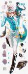  1boy absurdres aqua_eyes aqua_sweater argyle_clothes argyle_sweater blonde_hair boots brown_boots bullet cabbage-2012 character_name chromatic_aberration copyright_name diego_brando dinosaur dinosaur_tail eyeball eyes_visible_through_hair film_grain full_body gloves gun hair_between_eyes hat heart highres jodhpurs jojo_no_kimyou_na_bouken long_hair looking_at_viewer male_focus pants sharp_teeth solo spurs steel_ball_run sweater symbolism tail teeth tyrannosaurus_rex weapon white_background white_gloves white_hat white_pants 