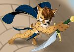 2025 4_fingers 4_toes anthro biped bird's-eye_view blue_cape blue_clothing blue_eyes butt canid canine cape chest_tuft clothed clothing colored digital_media_(artwork) facial_tuft feet felid feline fingers frown fur glint hair heroic_pose high-angle_view holding_melee_weapon holding_object holding_sword holding_weapon keidran kynum lynx lynx_prince_(twokinds) male mammal markings melee_weapon pattern_cape pattern_clothing prince royalty simple_background snout solo spots spotted_body spotted_fur standing stone_floor sword tail text toes tuft twokinds weapon white_body white_fur
