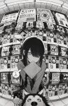  1girl black_hair braid braided_ponytail chainsaw chainsaw_man dog doro_(nikke) greyscale hair_over_one_eye hair_over_shoulder handle highres husky long_hair looking_at_viewer mithamaito monochrome nayuta_(chainsaw_man) open_mouth pet pochita_(chainsaw_man) ringed_eyes single_braid sweater teeth 