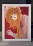 1girl blonde_hair blue_nails bright_pupils fang fingernails flandre_scarlet hat highres long_fingernails long_hair looking_at_viewer mob_cap nail_polish oil_painting_(medium) open_mouth painting_(medium) portrait_(object) red_eyes slit_pupils solo svveetberry touhou traditional_media white_pupils 