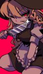  1girl apron black_hat black_skirt black_vest blonde_hair braid commentary_request cookie_(touhou) feet_out_of_frame frilled_apron frills glint hair_between_eyes hat highres holding holding_knife kirisame_marisa knife long_hair looking_at_viewer melanin_shikiso one_eye_closed puffy_short_sleeves puffy_sleeves red_background red_eyes shirt short_sleeves side_braid simple_background single_braid skirt skirt_set solo suzu_(cookie) touhou unusually_open_eyes v-shaped_eyebrows vest waist_apron white_apron white_shirt witch_hat 