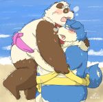  2020 anthro beach belly blue_body blue_fur blush bodily_fluids brown_body brown_fur butt canid canine canis cum cum_on_stomach domestic_dog duo fur genital_fluids giant_panda hi_res hon55728 humanoid_hands kemono male male/male mammal outside overweight overweight_male seaside sumo sweat ursid water white_body white_fur 