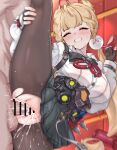  1boy 1girl :o absurdres alice_thymefield animal_ears bar_censor black_skirt blonde_hair blush breasts censored closed_eyes cum cum_overflow daram_(shappydude) fingerless_gloves gloves hand_on_own_leg hetero highres indoors large_breasts long_hair md5_mismatch orange_eyes pantyhose penis pleated_skirt sex shirt skirt split standing standing_on_one_leg standing_sex standing_split sweat torn_clothes torn_pantyhose vaginal white_shirt zenless_zone_zero 
