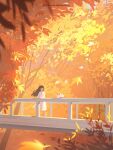  1girl animal artist_name autumn autumn_leaves bird black_hair bridge brown_hair cat day dress falling_leaves floating_hair highres huhv. leaf long_hair original outdoors railing scenery solo standing tree white_dress wind 