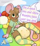 absurd_res ambiguous_gender anthro blush bodily_fluids bottle clothed clothing colorful_theme container diaper embarrassed empty_bottle english_text genital_fluids hi_res legwear mammal mouse murid murine rat rodent shy simplerat solo text thigh_highs toast_(simplerat) unclean_diaper urine used_diaper wet_diaper