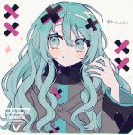  1girl alternate_hairstyle aqua_eyes aqua_hair aqua_nails aqua_trim batsu_miku closed_mouth english_text facing_viewer grey_jacket hair_between_eyes hair_ornament hand_up hatsune_miku high_collar jacket kowareta_sekai_to_utaenai_miku light_blush long_hair long_sleeves maca1227 project_sekai revision sidelocks sideways_glance smile solo sparkle symbol-shaped_pupils twitter_username upper_body vocaloid watermark wavy_hair wide_sleeves x_hair_ornament 