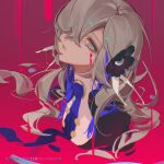  1girl ambiguous_red_liquid blue_eyes flower grey_eyes grey_hair hair_flower hair_ornament hair_over_one_eye highres isekaijoucho jacket kamitsubaki_studio long_hair looking_at_viewer nyansky partially_submerged sketch solo upper_body 