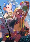  2girls black_bra black_shorts black_thighhighs blonde_hair blue_hair bra breasts bright_pupils cephalopod_eyes chest_sarashi closed_mouth collarbone colored_extremities colored_eyelashes colored_tongue creature cross-shaped_pupils dark-skinned_female dark_skin earrings fishing_rod frye_(splatoon) frye_(splatoon_raiders) hair_over_one_eye holding holding_creature holding_fishing_rod horizontal_pupils inkling itou_(golem_inc) jewelry knee_pads long_eyelashes long_pointy_ears looking_at_another medium_hair midriff multicolored_eyes multiple_girls octoling official_alternate_costume one_eye_covered open_mouth parted_bangs pointy_ears purple_eyes purple_tongue red_eyes red_sandals salmonid sandals sarashi shawl shiver_(splatoon) shiver_(splatoon_raiders) shorts single_knee_pad sitting small_breasts smallfry_(splatoon) smile splatoon_(series) splatoon_raiders symbol-shaped_pupils tentacle_hair thighhighs two-tone_eyes underwear white_pupils yellow_eyes yellow_shawl 