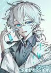  1boy abstract_background blue_eyes collared_shirt glowing glowing_eye hair_over_one_eye head_tilt highres holding holding_syringe kamika lab_coat lineart liquid long_sleeves looking_at_viewer male_focus medium_hair messy_hair open_collar original parted_bangs ponytail portrait shirt short_ponytail sidelocks simple_background sketch smirk solo_focus syringe upper_body white_hair 