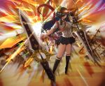  1girl black_hair black_thighhighs breasts closed_mouth commission dark-skinned_female dark_skin dragon_girl dragon_horns dragon_musume_ni_naritakunai! dragon_tail duel_masters expressionless eyewear_on_head glowing glowing_eye gradient_background hair_ornament highres horns large_breasts long_hair looking_at_viewer necktie orange_background orange_eyes orange_necktie orange_scarf pleated_skirt red_necktie sava_k_zeos scarf school_uniform shirt sidelocks skeb_commission skirt sleeves_rolled_up solo sparkle standing sword tail thighhighs third_eye tomin_(tomin0222) weapon white_shirt 