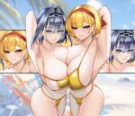  2girls absurdres alternate_costume armpit_focus armpits bare_shoulders beach bikini blonde_hair blue_eyes blue_hair blue_sky breasts chain chain_headband cleavage collarbone commentary day english_commentary eyepatch_bikini gold_bikini golden_week hair_intakes hairband halo highres hololive hololive_english hololive_indonesia huge_breasts kaela_kovalskia large_breasts looking_at_viewer mechanical_halo medium_hair muhammaddeny multiple_girls navel ocean ouro_kronii outdoors palm_tree presenting_armpit red_eyes red_hairband revision sand satin_bikini shiny_swimsuit short_hair sideboob sky smile stomach string_bikini swimsuit tree virtual_youtuber water 