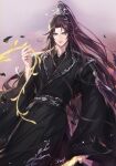  1boy absurdres alternate_costume artist_name black_hanfu black_sash brown_hair chinese_clothes chu_wanning closed_mouth cowboy_shot debris erha_he_tadebai_mao_shizun furrowed_brow glowing glowing_weapon gradient_sky grey_eyes half_updo hanfu high_ponytail highres holding holding_whip korean_commentary long_hair long_sleeves looking_at_viewer male_focus ponytail sash serious sky solo tassel weapon wide_sleeves xiao_guan_(headdress) zehel_az 
