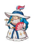  1girl blue_hair closed_eyes dress folding_fan full_body gloves grin hand_fan hat highres long_dress long_hair official_art pearly_white puffy_short_sleeves puffy_sleeves short_sleeves smile solo sparkle toothbrush white_dress white_gloves white_hat youkai_(youkai_watch) youkai_watch youkai_watch_3 