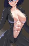  1girl abs absurdres alternate_costume black_bodysuit black_hair black_panties blue_eyes blue_hair bodysuit breasts colored_inner_hair english_commentary grey_background highres hololive hololive_english katosh large_breasts looking_at_viewer medium_hair multicolored_hair navel open_mouth ouro_kronii panties solo toned toned_female underwear unzipped virtual_youtuber 