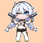  1girl ;) blue_eyes blush bodysuit braid breasts brown_background chibi cleavage closed_mouth commentary_request covered_navel dual_wielding full_body gloves grey_hair gun hair_between_eyes handgun highres holding holding_gun holding_weapon honkai_(series) honkai_impact_3rd kiana_kaslana kiana_kaslana_(white_comet) long_hair low_twintails medium_breasts mokkyo_(motkyo) one_eye_closed outline simple_background smile solo standing twin_braids twintails very_long_hair weapon white_bodysuit white_gloves white_outline 