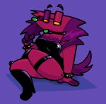 4_fingers anthro black_boots black_choker black_clothing black_footwear black_jewelry black_leotard black_necklace boots bracelet breasts canid canine canis choker cleavage clothed clothing crossed_legs digital_media_(artwork) domestic_dog eye_markings eyebrows female female_anthro fingers fio_(thatkattyoinky) floppy_ears footwear freckled_face freckles fur glistening glistening_eyelids glistening_leotard glistening_nose glistening_tongue green_nose green_tongue half-closed_eyes head_tuft highlights_(coloring) jewelry leotard looking_aside lop_ears mammal markings mismatched_eyelids narrowed_eyes necklace orange_sclera purple_background purple_breasts purple_ears purple_eyebrows purple_eyelids purple_fingers purple_markings purple_tail raised_eyebrows red_body red_eyelids red_fur red_tuft shaded shoes simple_background sitting solo spiked_bracelet spikes tail thatkattyoinky thick_thighs tongue tuft