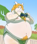 anthro asriel_dreemurr belly blonde_hair body_hair bovid bulge caprine chest_hair clothing eyewear floppy_ears fur goat goggles hair hairy_legs happy_trail hi_res horn jockstrap male mammal moobs nipples overweight roddopardo solo undertale undertale_(series) underwear white_body white_fur