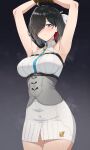  1girl aqua_necktie armpits arms_up atelier_(series) atelier_yumia black_hair blush breasts commission corset dress english_commentary fuooooo hair_ornament hair_over_one_eye highres large_breasts looking_at_viewer medium_hair mole mole_under_eye multicolored_hair necktie pixiv_commission red_hair restrained sleeveless sleeveless_dress solo streaked_hair sweat white_dress yumia_liessfeldt 