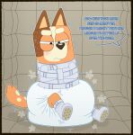 absurd_res anthro australian_cattle_dog bluey_(series) booties canid canine canis cattledog chilli_heeler clothed clothing dialogue diaper diaper_puff domestic_dog female herding_dog hi_res mammal padded_room pastoral_dog restraints solo speech_bubble straitjacket tenerius wearing_diaper