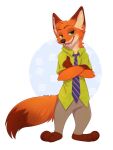 2025 3:4 3_fingers 3_toes anthro biped bloominglynx bottomwear brown_body brown_claws brown_ear_tips brown_eyebrows brown_fur canid canine claws clothed clothing crossed_arms dipstick_ears disney ear_markings eyebrows fangs feet fingers fox fur fur_markings gradient_fur green_clothing green_eyes green_shirt green_topwear grey_bottomwear grey_clothing grey_pants half-closed_eyes handpaw hi_res looking_at_viewer male mammal markings multicolored_body multicolored_ears multicolored_fur narrowed_eyes necktie nick_wilde open_mouth orange_body pants paws red_fox shirt short_sleeves simple_background smile solo standing tail tan_inner_ear teeth toes topwear true_fox tuft white_sclera zootopia