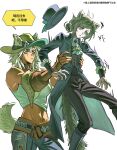  :o ^^^ absurdres animal_ears argus_(reverse:1999) ascot bare_shoulders black_boots black_coat black_hat black_pants black_vest blue_pants boater_hat boots brown_hat brown_sleeves cat_ears cat_tail chinese_text coat cowboy_hat detached_sleeves dog_ears dog_tail ears_through_headwear grey_eyes hair_bun hands_on_another&#039;s_waist hat heterochromia highres kemonomimi_mode lifting_person long_braid molen106 navel pants reverse:1999 scar scar_across_eye scar_on_face shirt short_hair single_side_bun speech_bubble tail tank_top translation_request unworn_hat unworn_headwear vertin_(reverse:1999) vest white_ascot white_background white_shirt white_tank_top yellow_eyes 