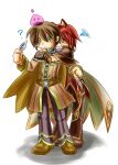  2boys :3 ? alchemist_(ragnarok_online) animal_ears azlia blush_stickers brown_cape brown_coat brown_hair brown_pants brown_shoes cape cat_boy cat_ears closed_mouth coat commentary_request creature_on_head full_body grey_pants holding holding_leaf hug hug_from_behind leaf long_sleeves male_focus multiple_boys open_mouth orange_eyes pants poring ragnarok_online red_hair red_shirt shirt shoes short_hair simple_background slime_(creature) standing white_background white_cape yellow_eyes 
