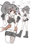  1girl 1other bare_shoulders blush boots ebora energy_gun english_commentary fake_antennae flat_chest gloves grey_boots grey_gloves grey_hair grey_shorts hairband hand_in_pants hands_on_another&#039;s_stomach highres midriff momoco_(nyanko_daisensou) multiple_views navel nyanko_daisensou open_mouth out_of_frame pale_skin ponytail ray_gun short_hair short_shorts shorts sidelocks sweat weapon white_background 