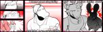 4_fingers anthro aura big_breasts big_butt black_and_white bottle bottomwear breasts butt clothing container denim denim_bottomwear denim_clothing digital_drawing_(artwork) digital_media_(artwork) equid equine fatima_coco female fingers glass group horse humanoid hyena inner_ear_fluff jacket jeans lagomorph larger_male leporid long_ears male mammal monochrome motion_lines muscular muscular_female muscular_male navel pants rabbit ready_to_fight red_background red_eyes shirt simple_background size_difference slightly_chubby slightly_chubby_female slim_male smaller_female softbunnyhouse text thick_thighs topwear trio tuft water_bottle white_eyes